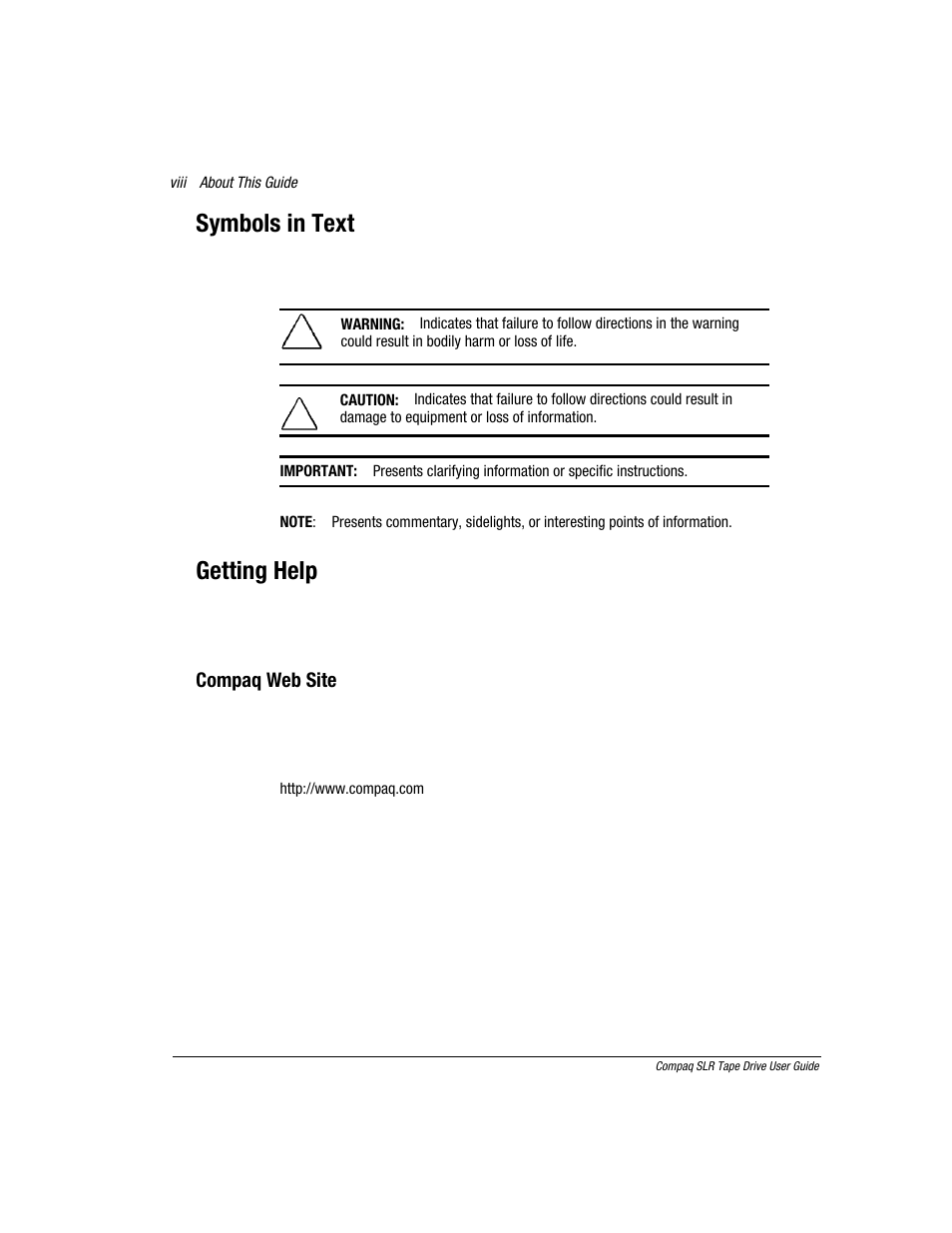 Symbols in text, Getting help | Compaq 340622-002 User Manual | Page 8 / 79