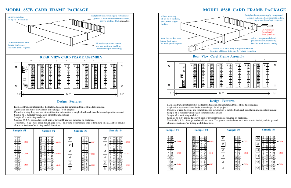 Model 858b card frame package, Model 857b card frame package, Rear view card frame assembly | Design features, Sample #1 sample #2 sample #3 sample #4 | Protech Audio 858B User Manual | Page 2 / 2