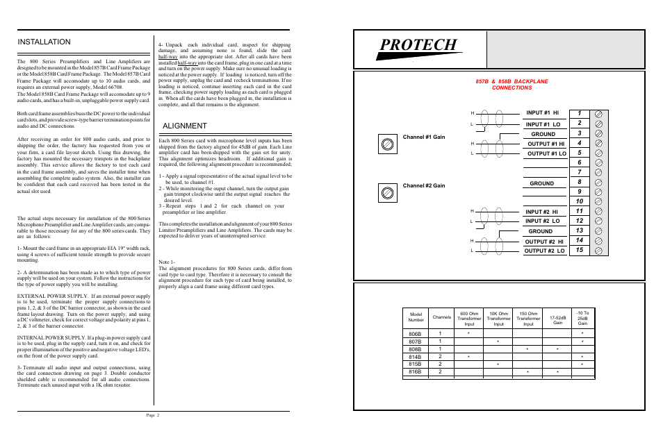 Protech, Installation, Alignment | Protech Audio 808B User Manual | Page 2 / 2