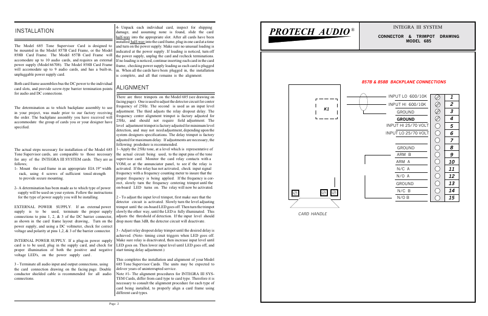Protech audio, Installation, Alignment | Protech Audio 685 User Manual | Page 2 / 2