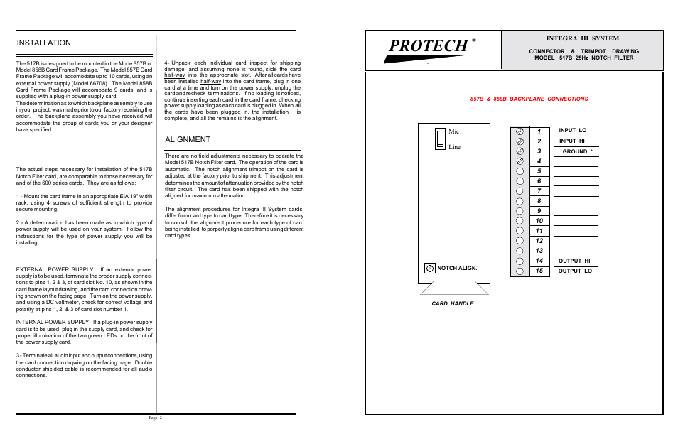 Protech, Installation, Alignment | Protech Audio 517B User Manual | Page 2 / 2