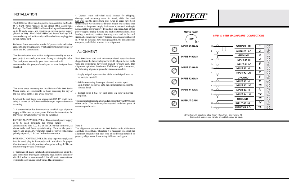 Protech, Installation, Alignment | Protech Audio 870B User Manual | Page 2 / 2