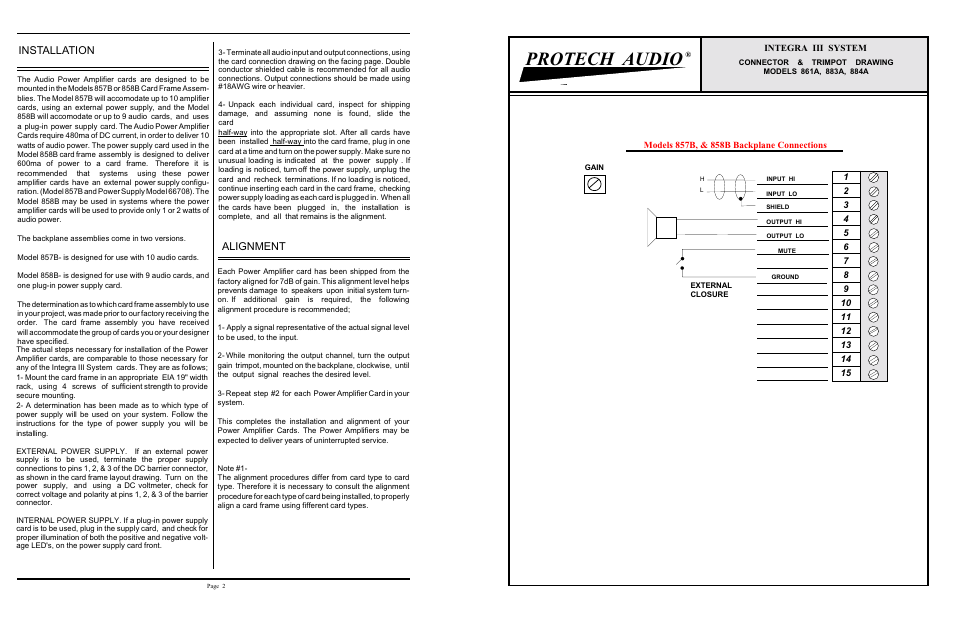 Protech audio, Installation, Alignment | Protech Audio 861A User Manual | Page 2 / 2