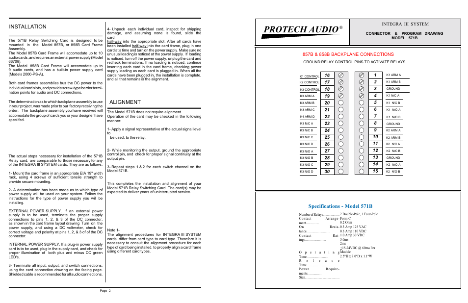 Protech audio, Installation, Alignment | Specifications - model 571b | Protech Audio 571B User Manual | Page 2 / 2