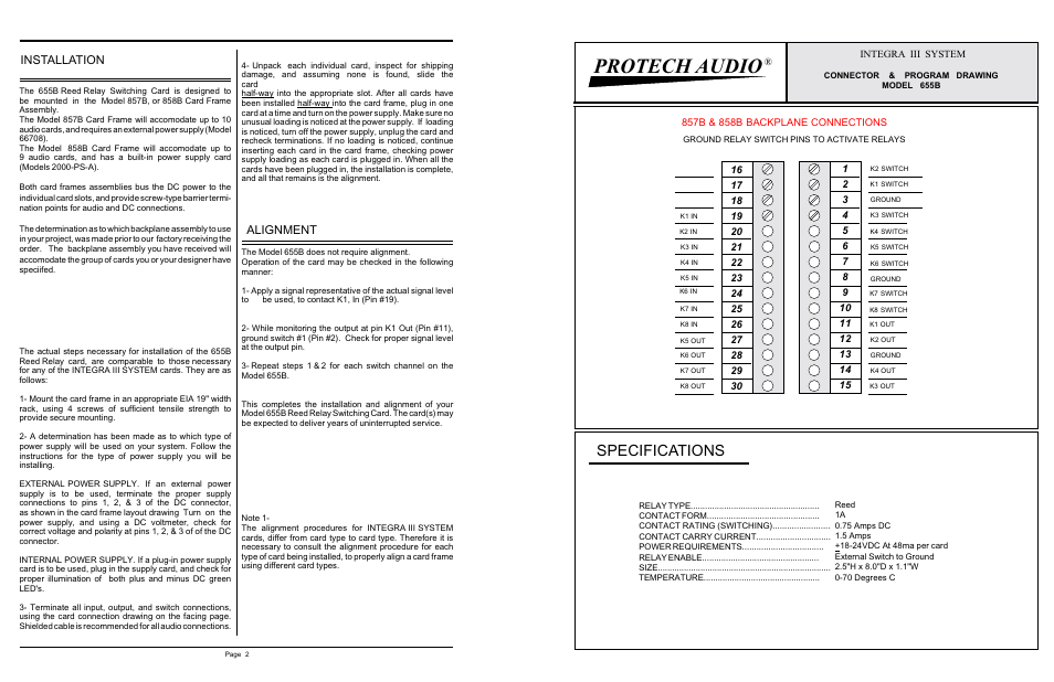 Protech audio, Specifications, Installation | Alignment | Protech Audio 655B User Manual | Page 2 / 2