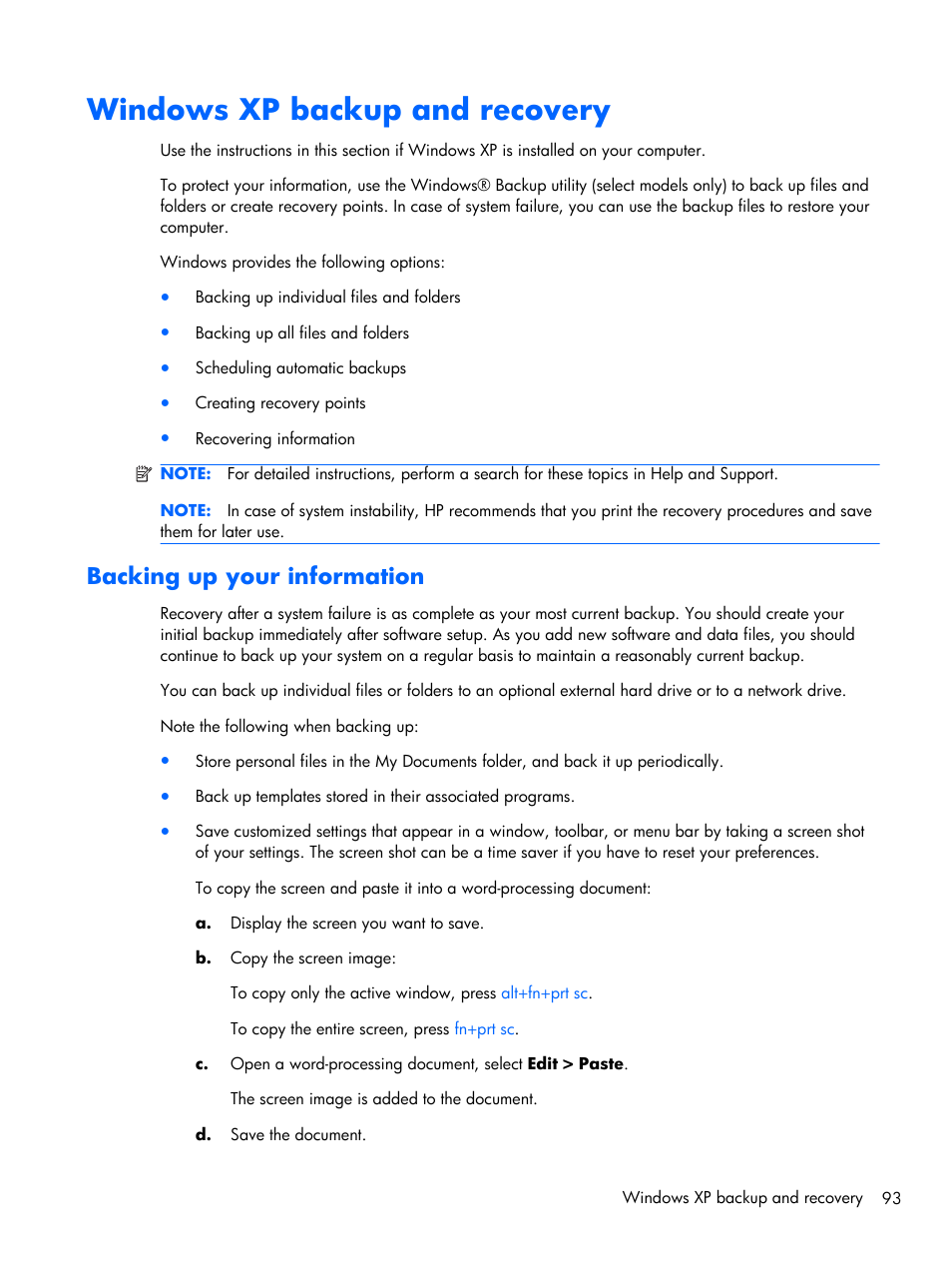 Windows xp backup and recovery, Backing up your information | Compaq 102 User Manual | Page 101 / 119