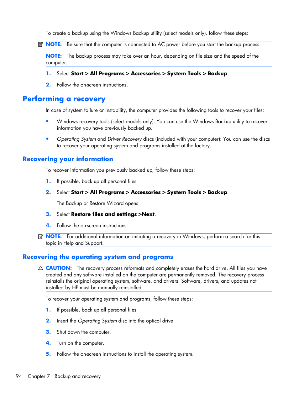 Performing a recovery, Recovering your information, Recovering the operating system and programs | Compaq 102 User Manual | Page 102 / 119