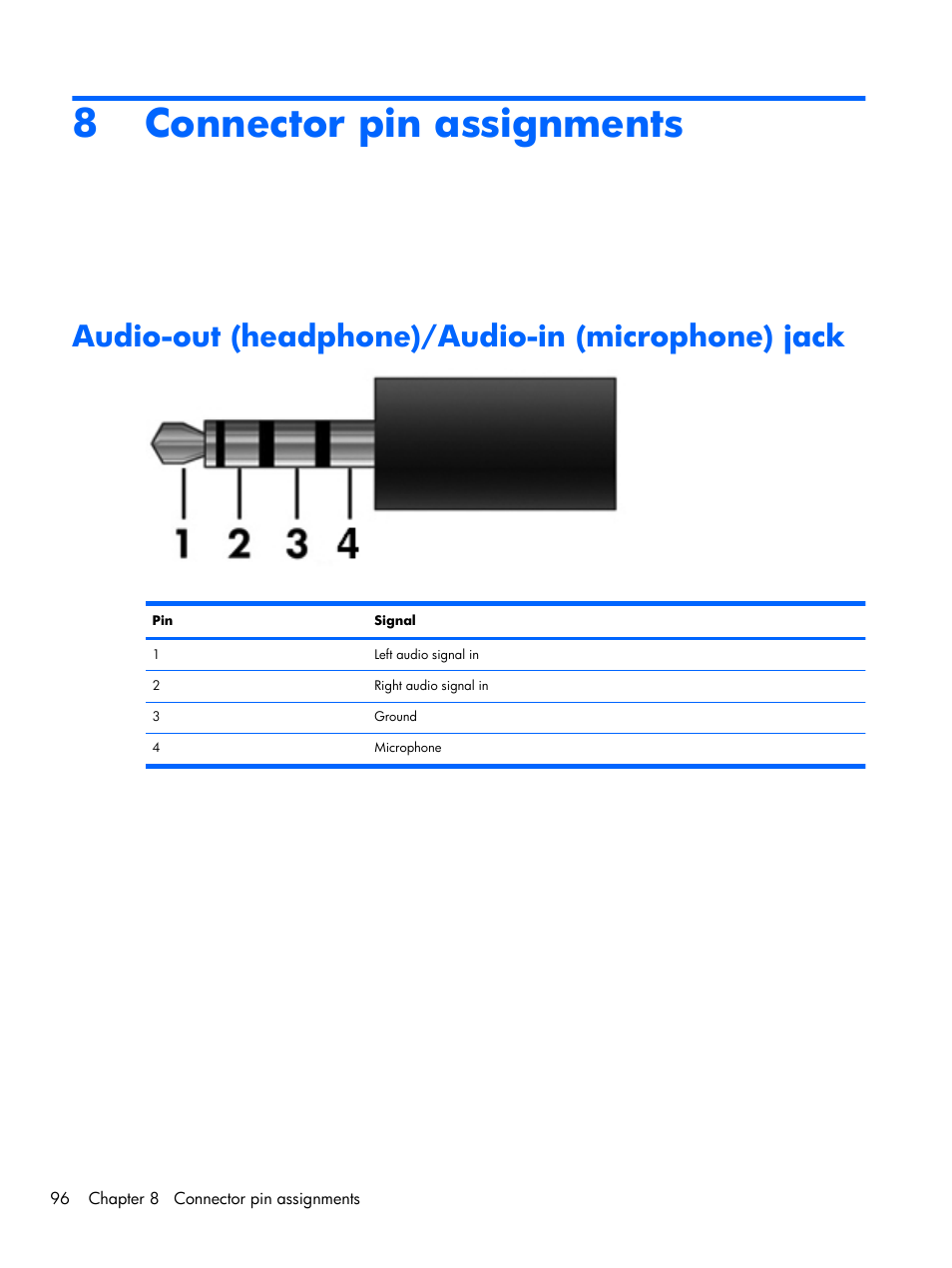 Connector pin assignments, Audio-out (headphone)/audio-in (microphone) jack, 8 connector pin assignments | Compaq 102 User Manual | Page 104 / 119