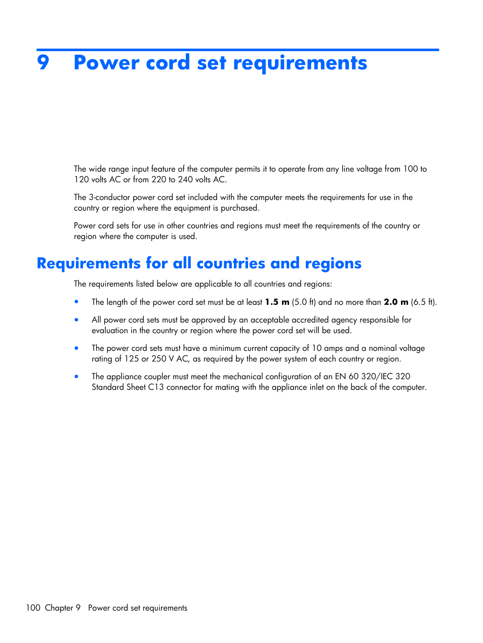 Power cord set requirements, Requirements for all countries and regions, 9 power cord set requirements | Compaq 102 User Manual | Page 108 / 119