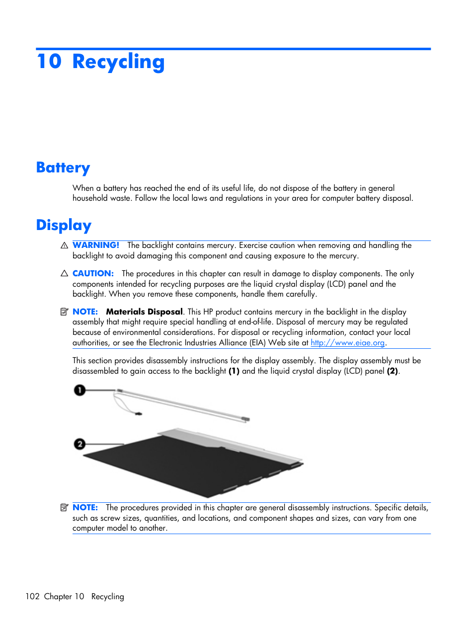 Recycling, Battery, Display | 10 recycling, Battery display | Compaq 102 User Manual | Page 110 / 119