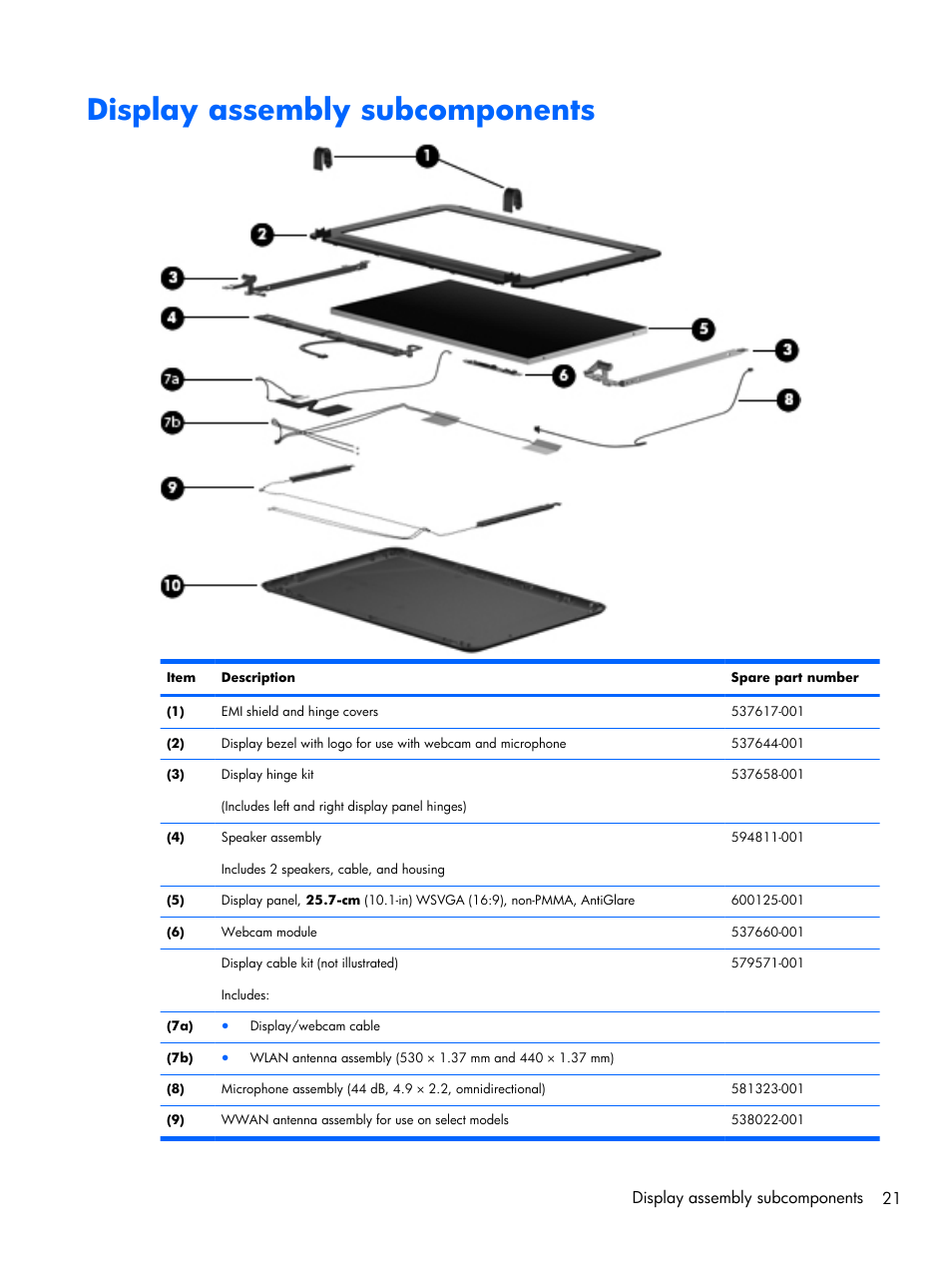 Display assembly subcomponents, Display assembly subcomponents 21 | Compaq 102 User Manual | Page 29 / 119