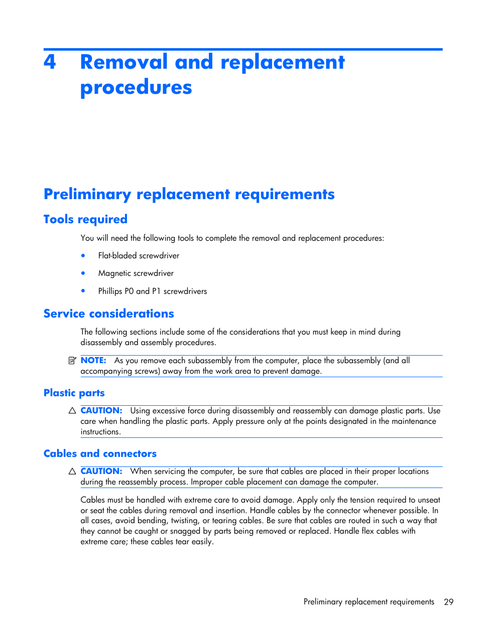 Removal and replacement procedures, Preliminary replacement requirements, Tools required | Service considerations, Plastic parts, Cables and connectors, 4 removal and replacement procedures, Tools required service considerations, Plastic parts cables and connectors | Compaq 102 User Manual | Page 37 / 119