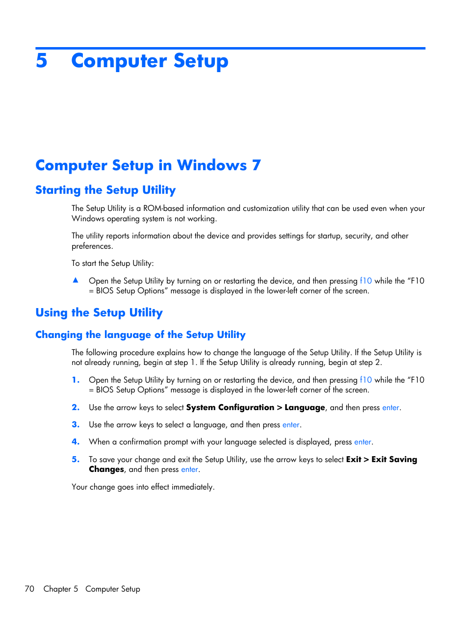 Computer setup, Computer setup in windows 7, Starting the setup utility | Using the setup utility, Changing the language of the setup utility, 5 computer setup, Starting the setup utility using the setup utility | Compaq 102 User Manual | Page 78 / 119