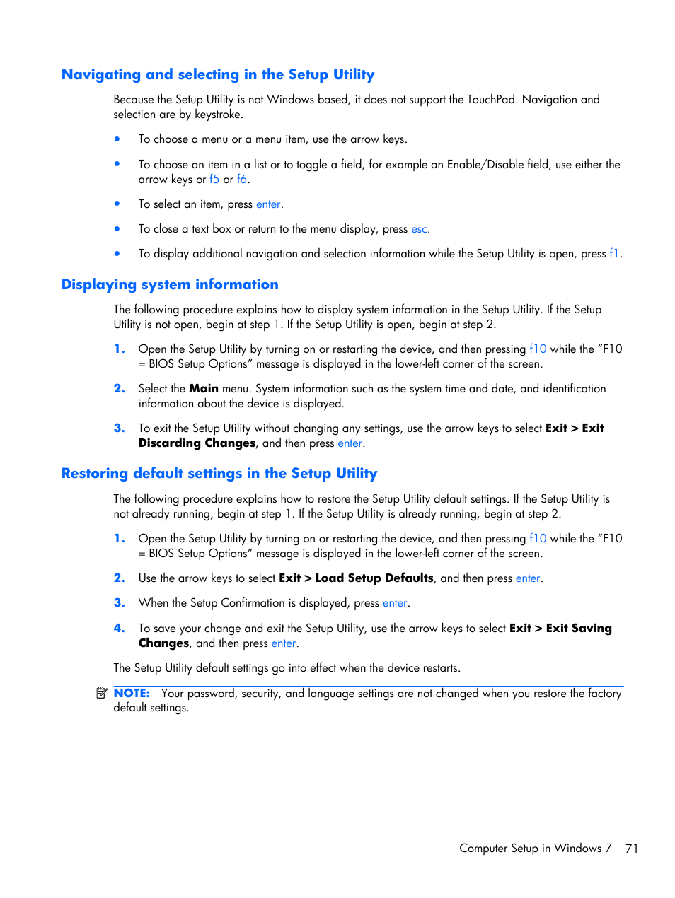 Navigating and selecting in the setup utility, Displaying system information, Restoring default settings in the setup utility | Compaq 102 User Manual | Page 79 / 119