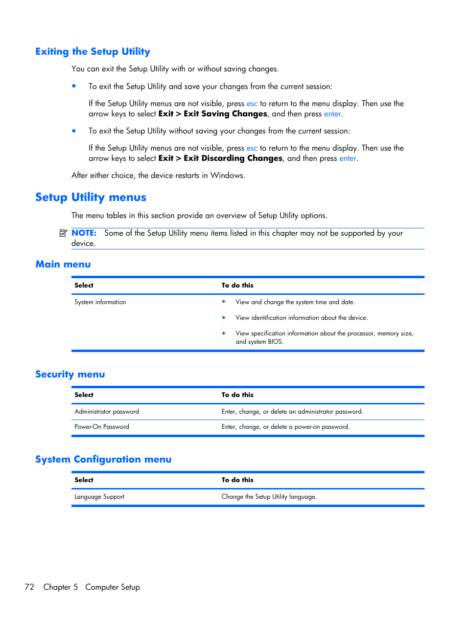 Exiting the setup utility, Setup utility menus, Main menu | Security menu, System configuration menu, Main menu security menu system configuration menu | Compaq 102 User Manual | Page 80 / 119