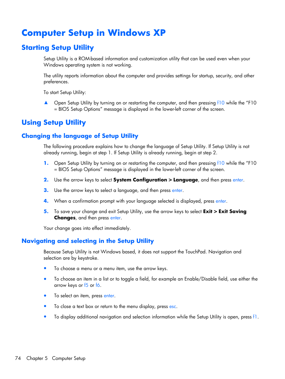 Computer setup in windows xp, Starting setup utility, Using setup utility | Changing the language of setup utility, Navigating and selecting in the setup utility, Starting setup utility using setup utility | Compaq 102 User Manual | Page 82 / 119