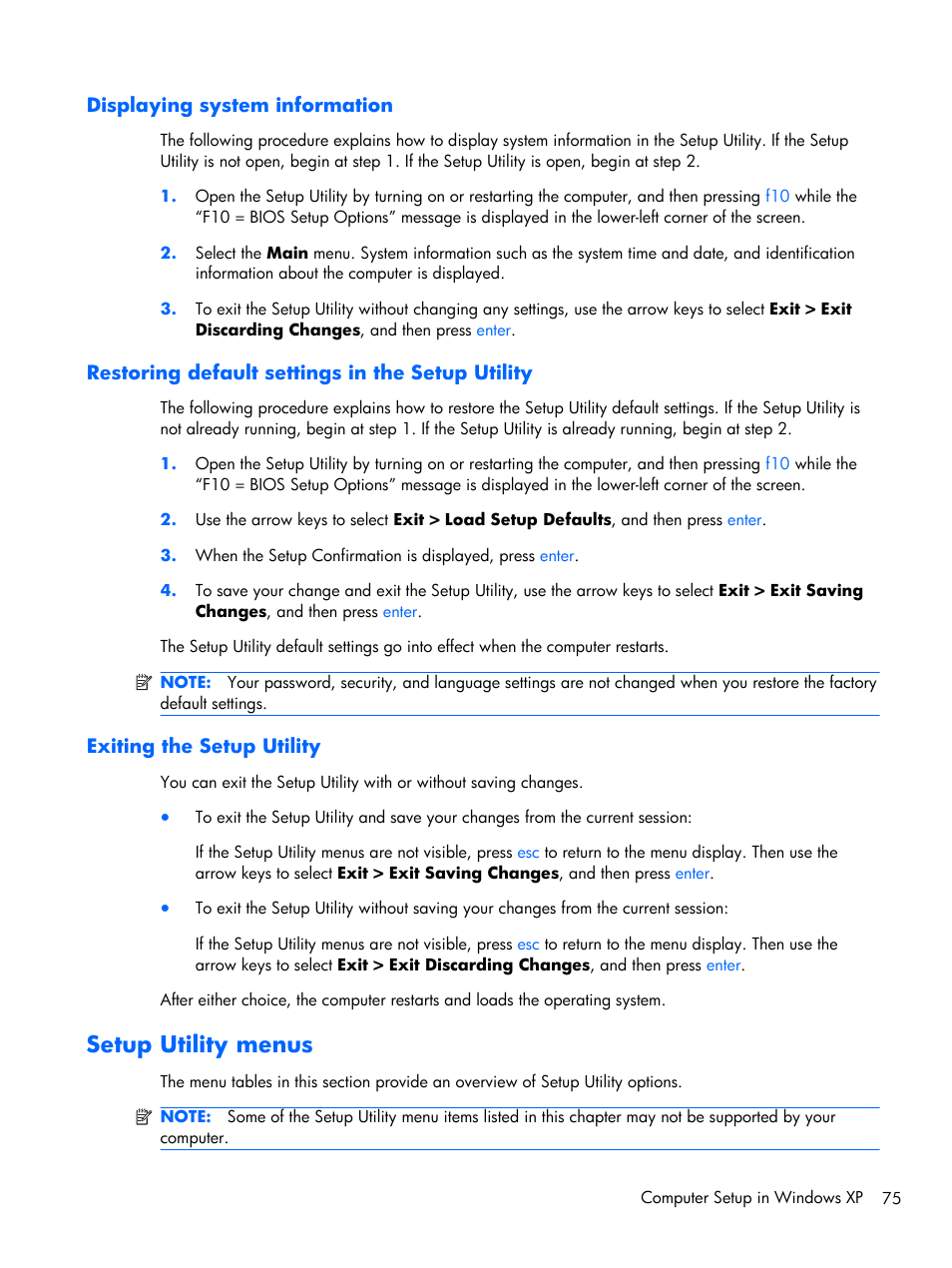 Displaying system information, Restoring default settings in the setup utility, Exiting the setup utility | Setup utility menus | Compaq 102 User Manual | Page 83 / 119