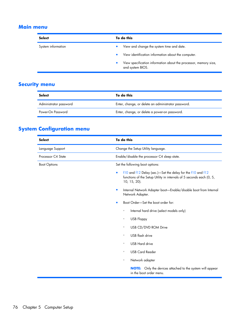 Main menu, Security menu, System configuration menu | Main menu security menu system configuration menu, 76 chapter 5 computer setup | Compaq 102 User Manual | Page 84 / 119