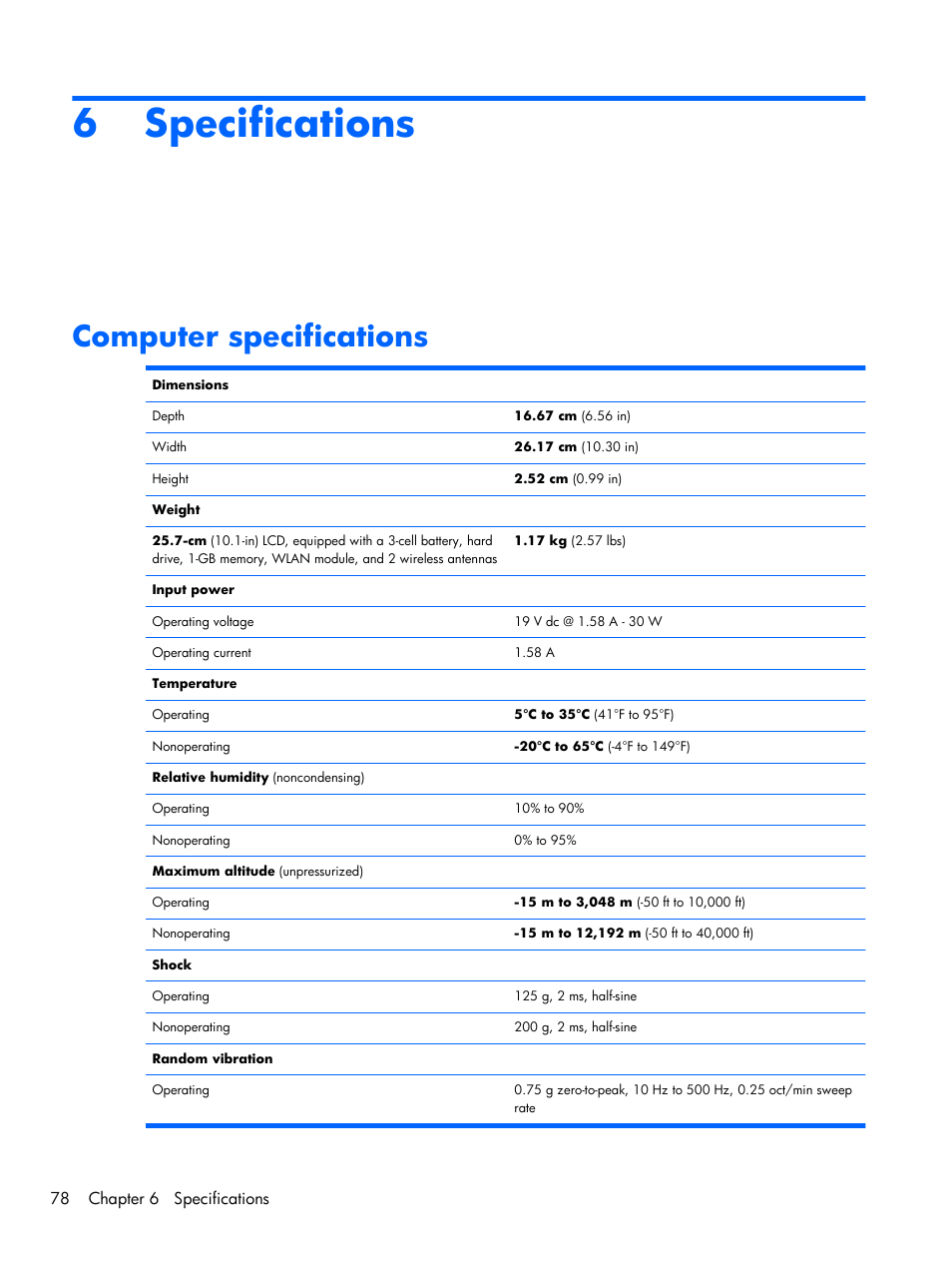 Specifications, Computer specifications, 6 specifications | Compaq 102 User Manual | Page 86 / 119