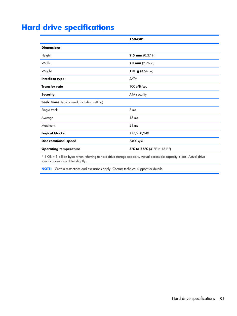 Hard drive specifications | Compaq 102 User Manual | Page 89 / 119