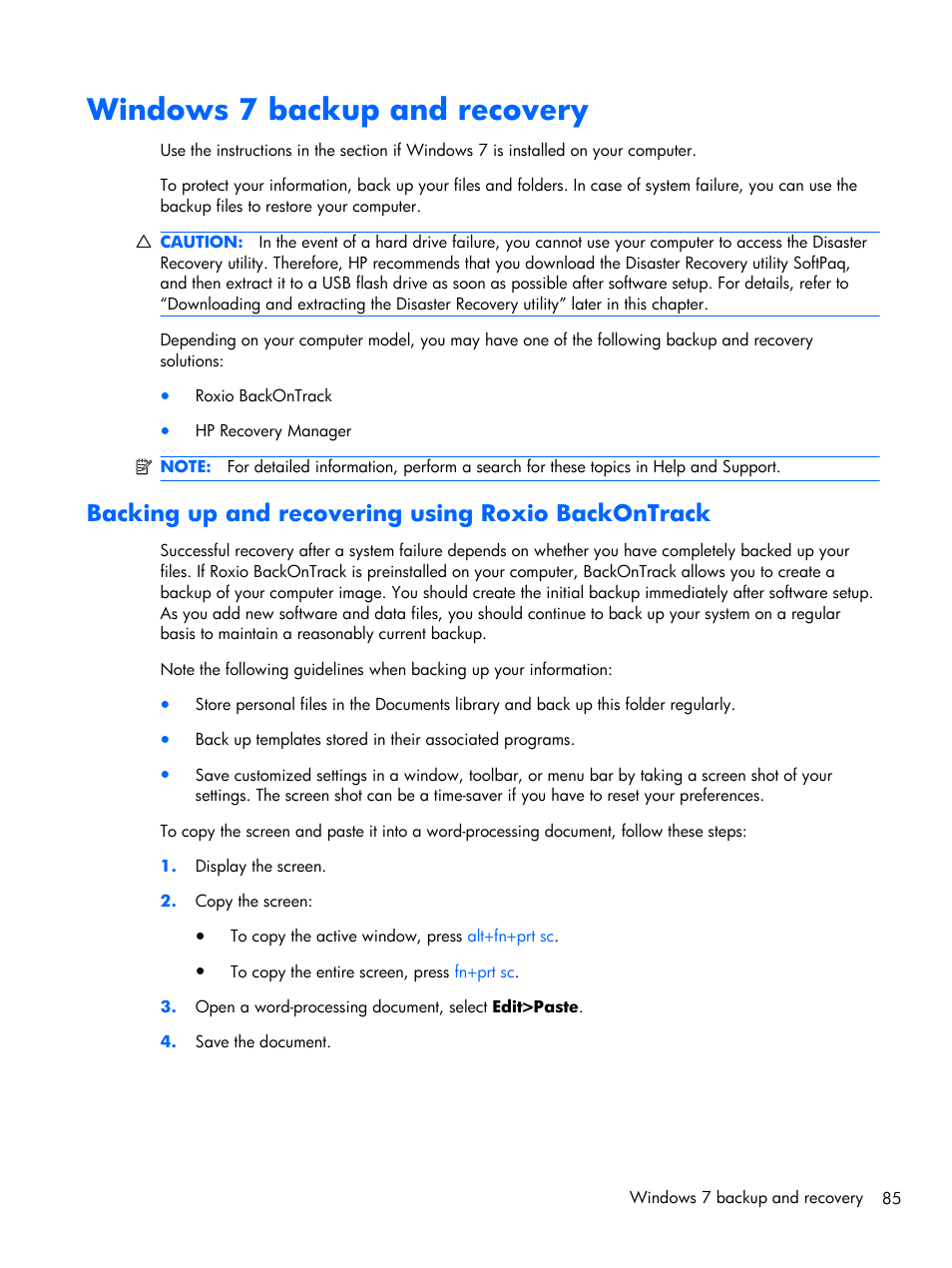Windows 7 backup and recovery, Backing up and recovering using roxio backontrack | Compaq 102 User Manual | Page 93 / 119