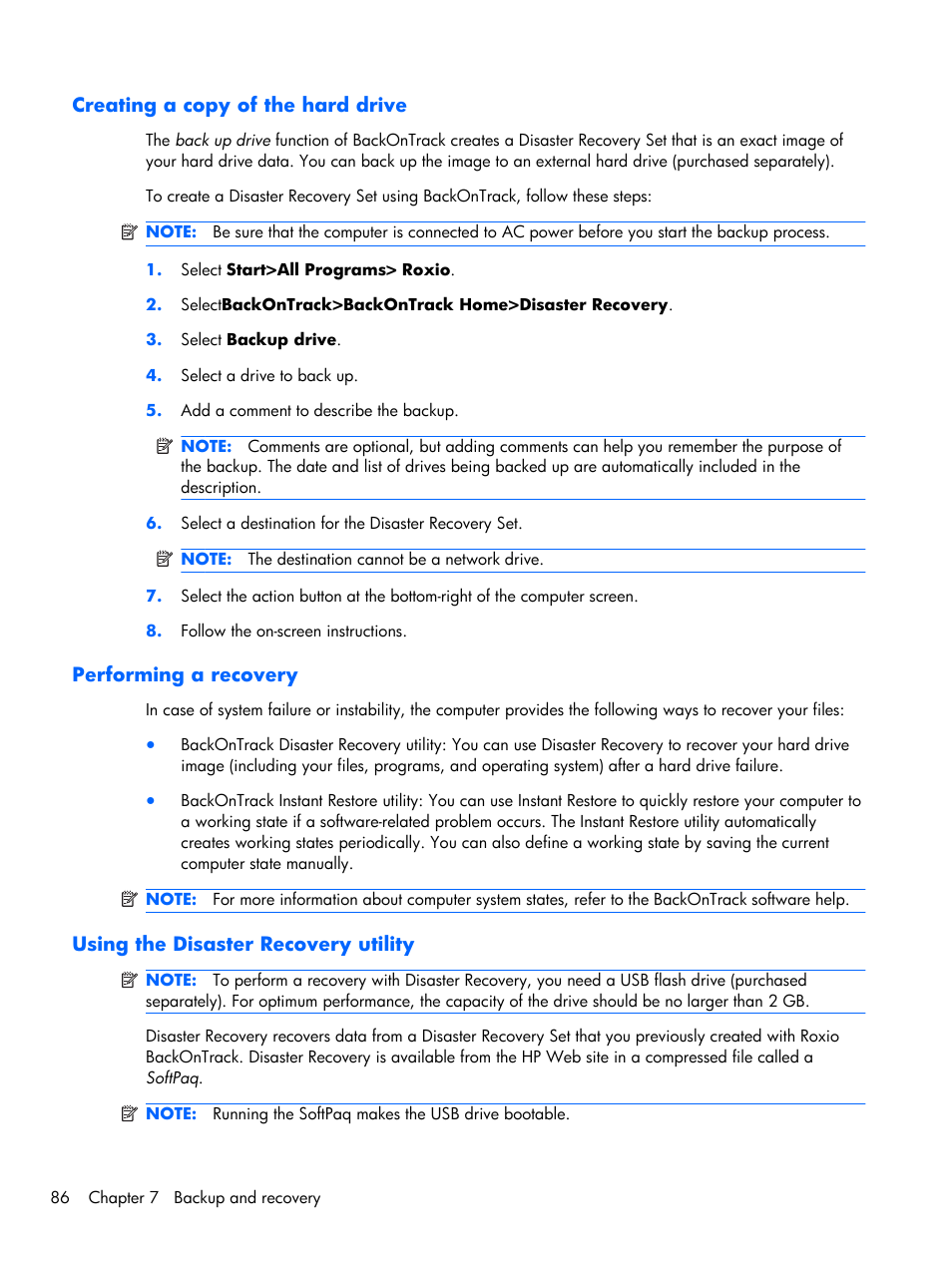Creating a copy of the hard drive, Performing a recovery, Using the disaster recovery utility | Compaq 102 User Manual | Page 94 / 119