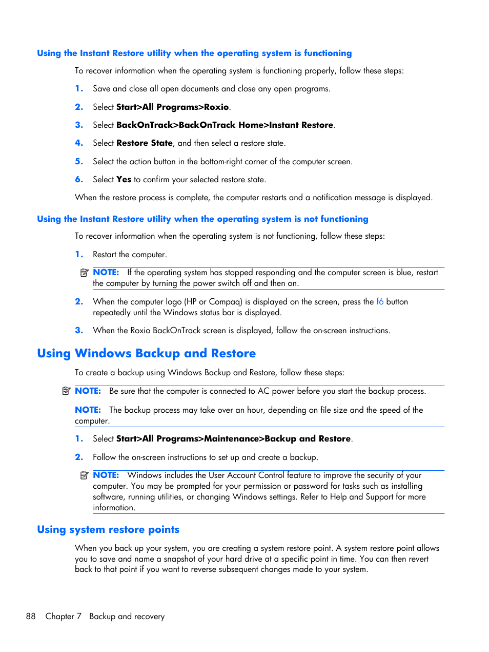 Using windows backup and restore, Using system restore points, Functioning | Compaq 102 User Manual | Page 96 / 119
