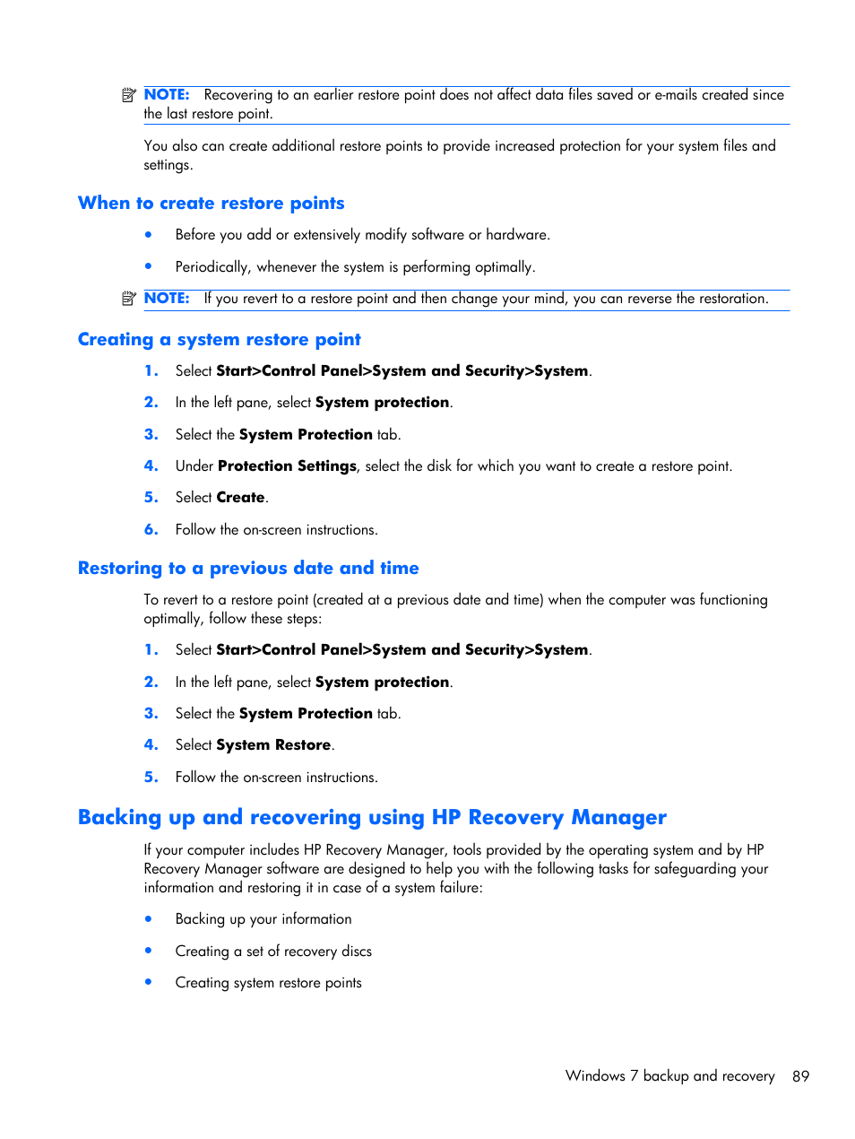 When to create restore points, Creating a system restore point, Restoring to a previous date and time | Compaq 102 User Manual | Page 97 / 119