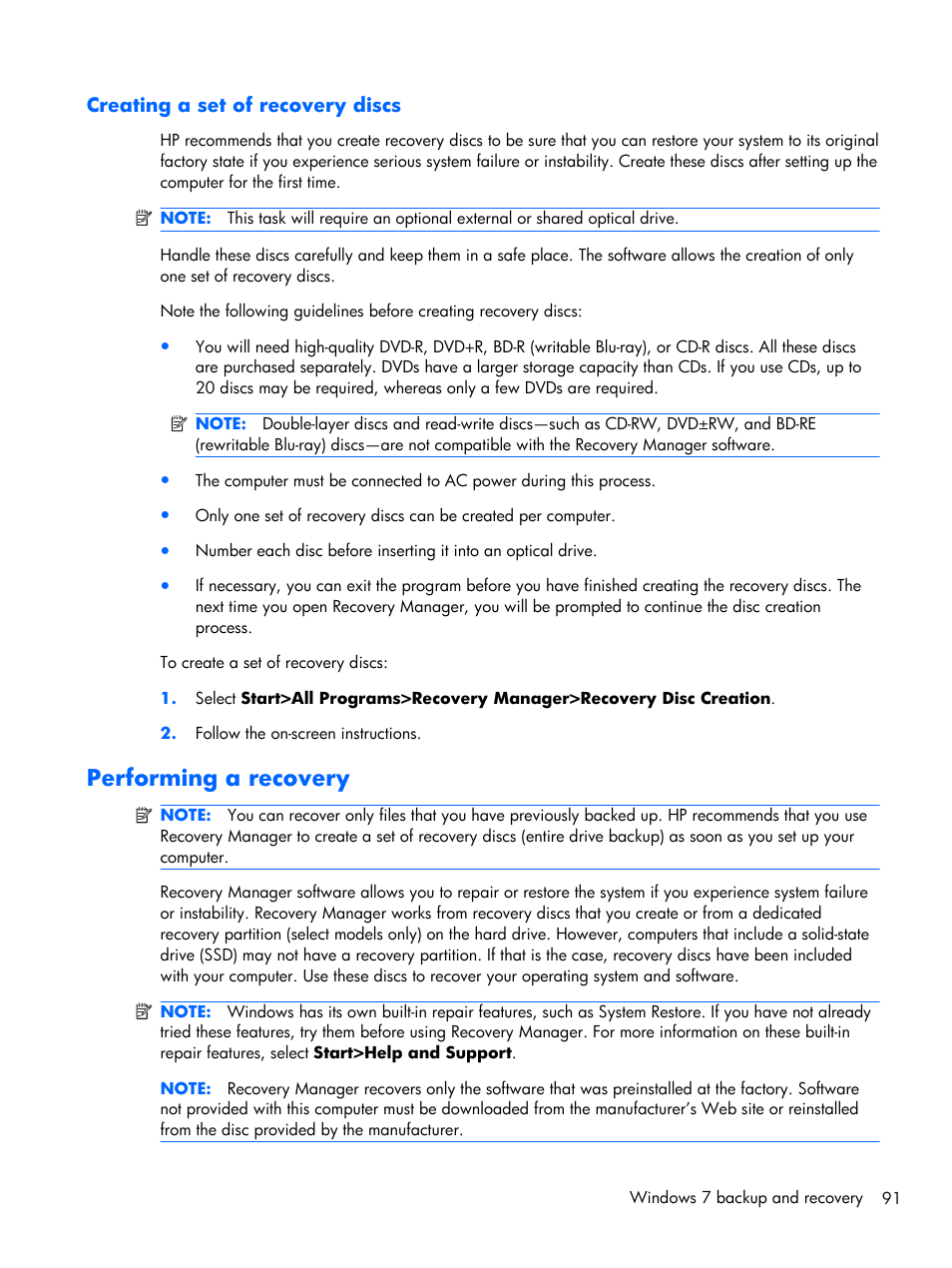 Creating a set of recovery discs, Performing a recovery | Compaq 102 User Manual | Page 99 / 119