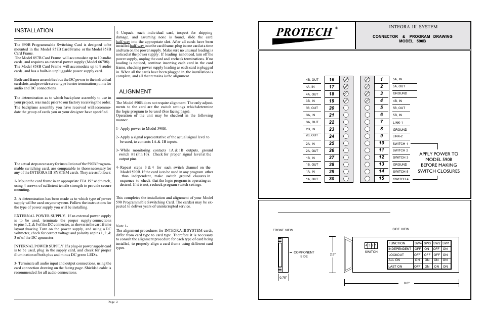 Protech, Installation, Alignment | Program switch drawing, model 590b | Protech Audio 590B User Manual | Page 2 / 2