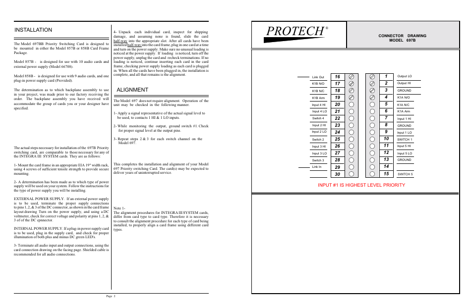 Protech, Installation, Alignment | Protech Audio 697B User Manual | Page 2 / 2
