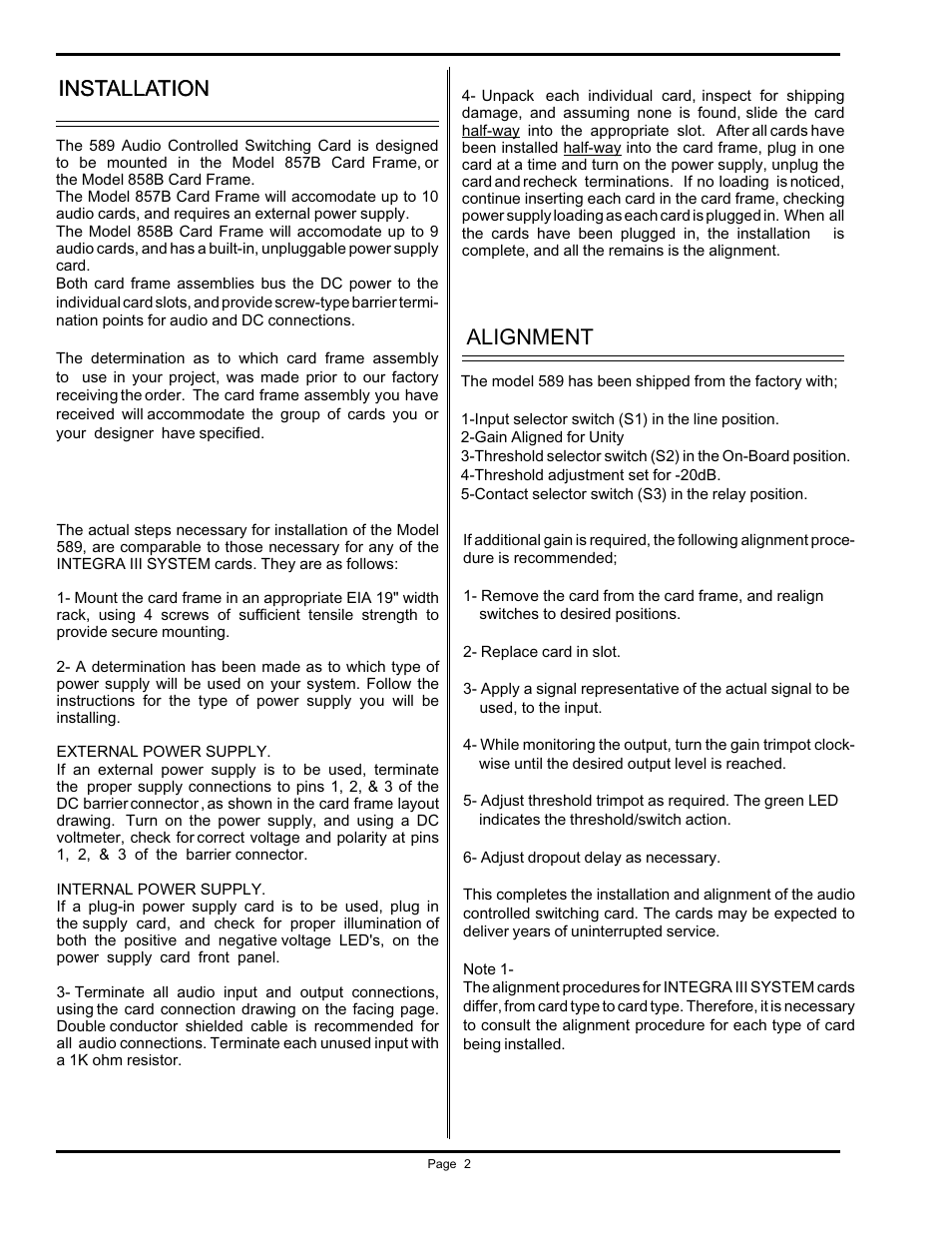 Installation, Alignment installation | Protech Audio 589 User Manual | Page 2 / 3