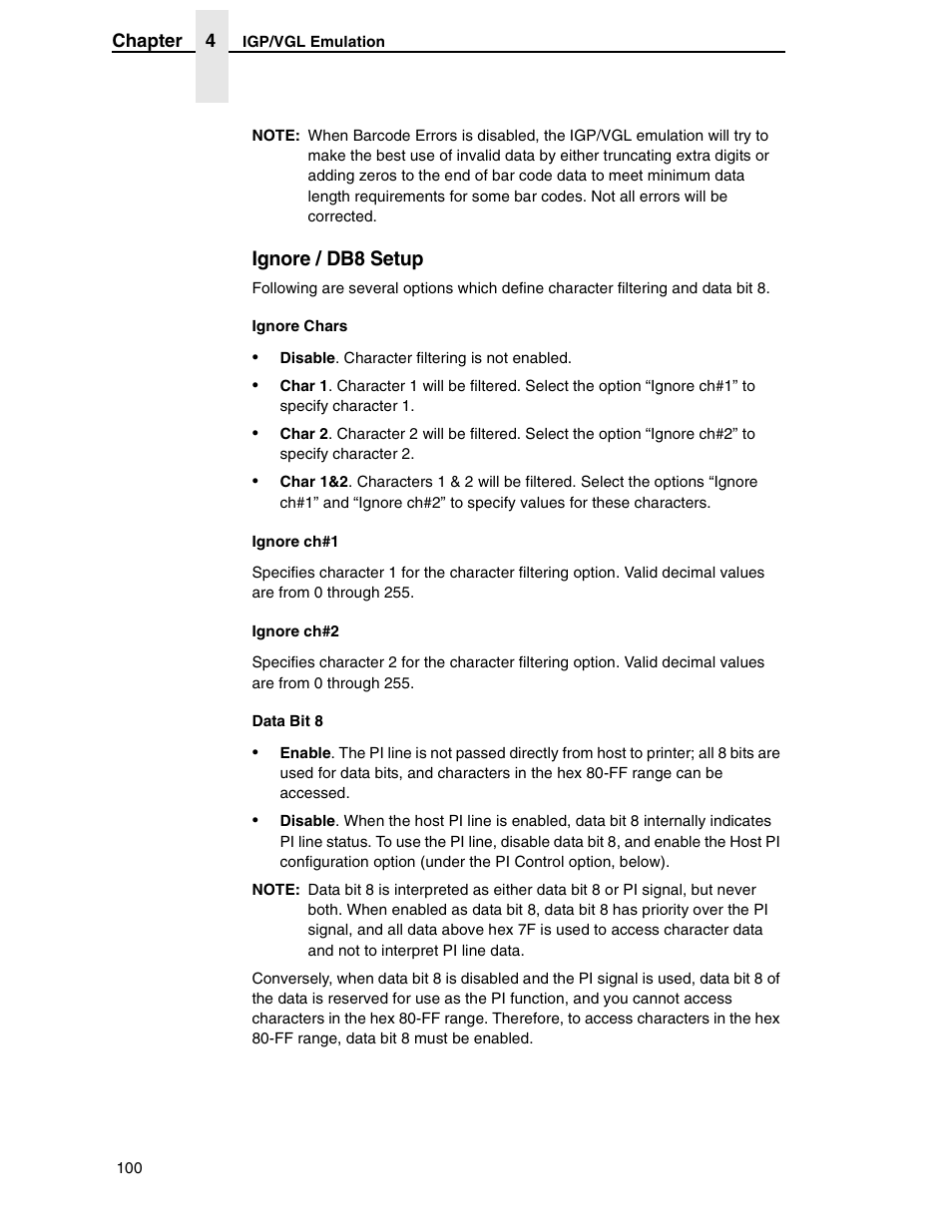 Ignore / db8 setup, Ignore chars, Ignore ch#1 | Ignore ch#2, Data bit 8 | Compaq P5000 Series User Manual | Page 100 / 186