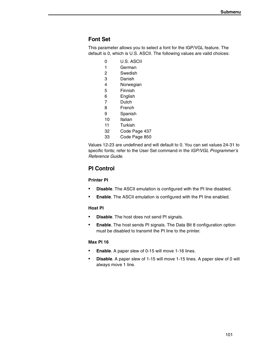 Font set, Pi control, Printer pi | Host pi, Max pi 16 | Compaq P5000 Series User Manual | Page 101 / 186