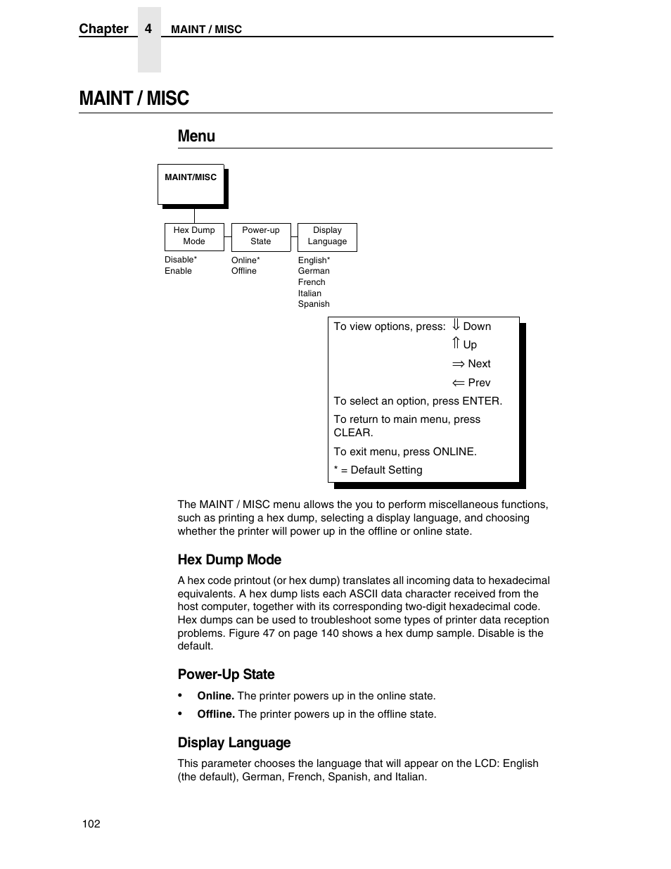 Maint / misc, Menu, Hex dump mode | Power-up state, Display language, Running a job | Compaq P5000 Series User Manual | Page 102 / 186