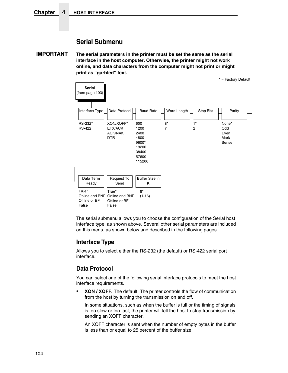 Serial submenu, Interface type, Data protocol | Chapter 4, Important | Compaq P5000 Series User Manual | Page 104 / 186
