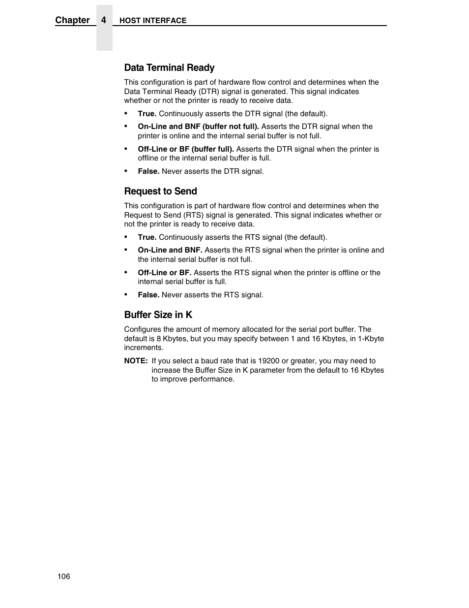 Data terminal ready, Request to send, Buffer size in k | Compaq P5000 Series User Manual | Page 106 / 186