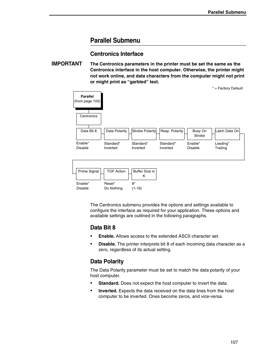 Parallel submenu, Centronics interface, Data bit 8 | Data polarity, Important | Compaq P5000 Series User Manual | Page 107 / 186