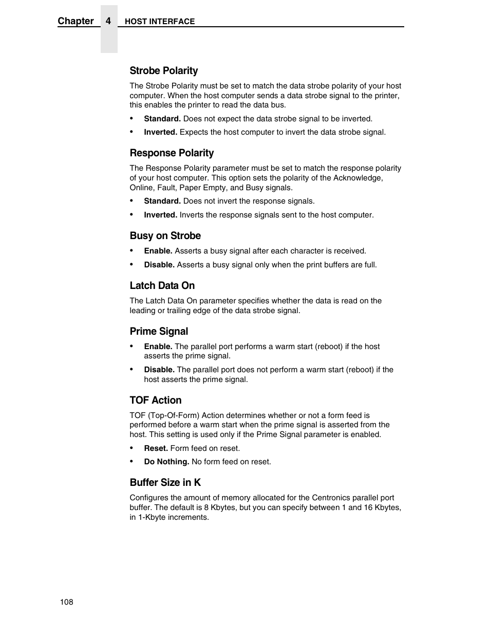 Strobe polarity, Response polarity, Busy on strobe | Latch data on, Prime signal, Tof action, Buffer size in k | Compaq P5000 Series User Manual | Page 108 / 186