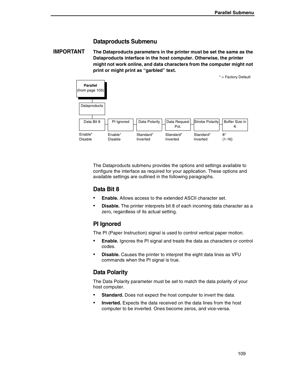 Dataproducts submenu, Data bit 8, Pi ignored | Data polarity | Compaq P5000 Series User Manual | Page 109 / 186