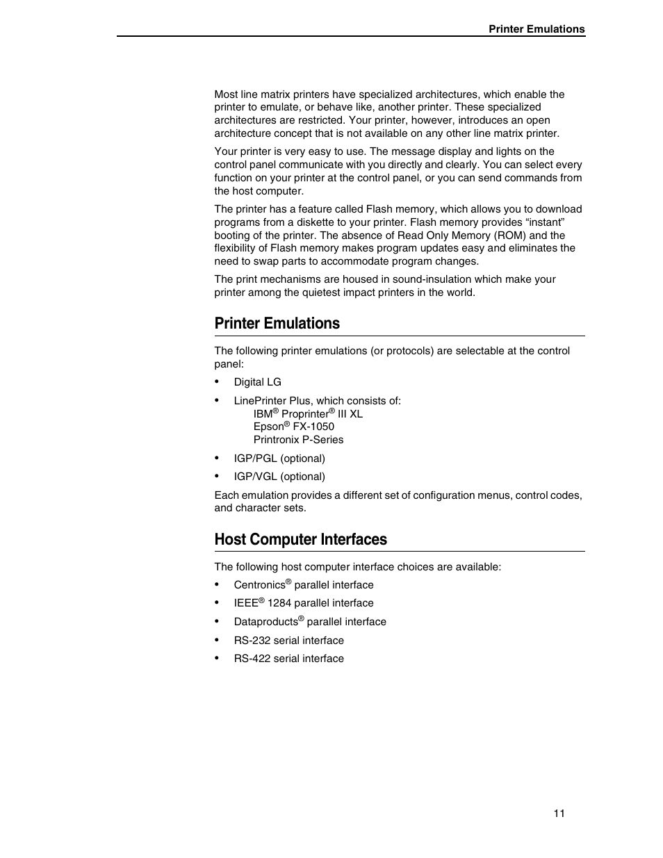 Printer emulations, Host computer interfaces | Compaq P5000 Series User Manual | Page 11 / 186