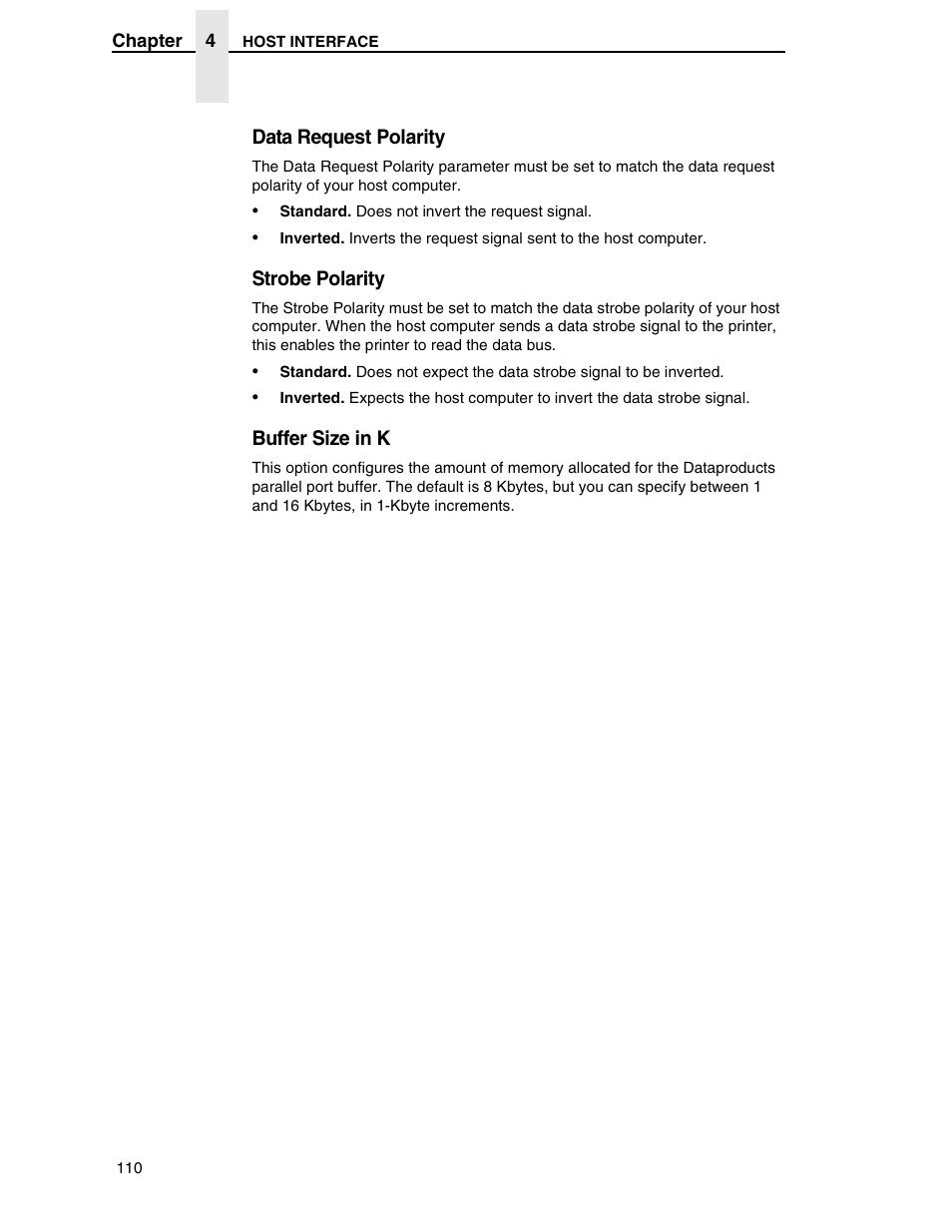 Data request polarity, Strobe polarity, Buffer size in k | Compaq P5000 Series User Manual | Page 110 / 186