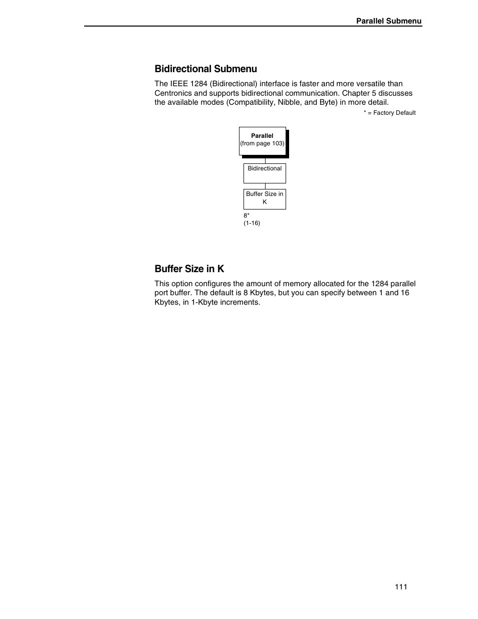 Bidirectional submenu, Buffer size in k | Compaq P5000 Series User Manual | Page 111 / 186