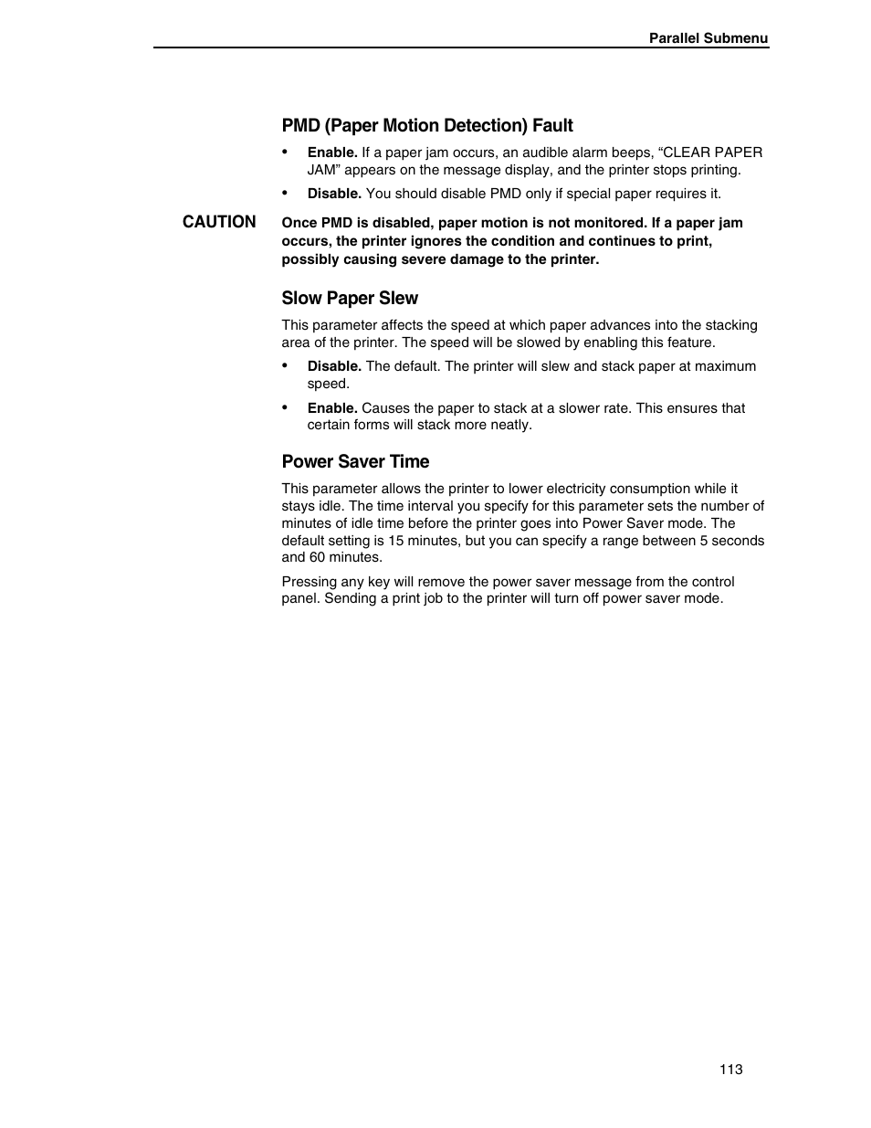 Pmd (paper motion detection) fault, Slow paper slew, Power saver time | Compaq P5000 Series User Manual | Page 113 / 186