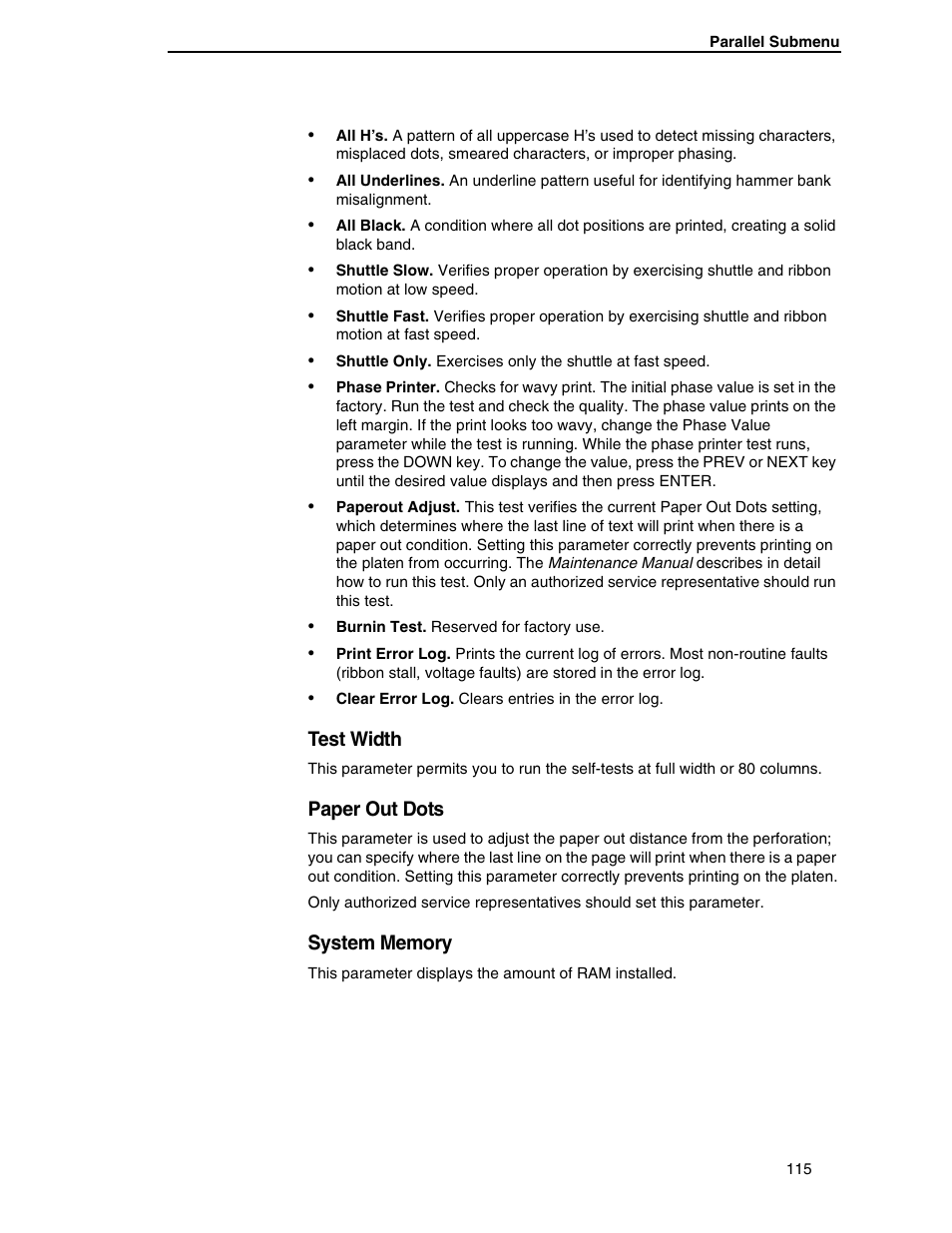 Test width, Paper out dots, System memory | Compaq P5000 Series User Manual | Page 115 / 186