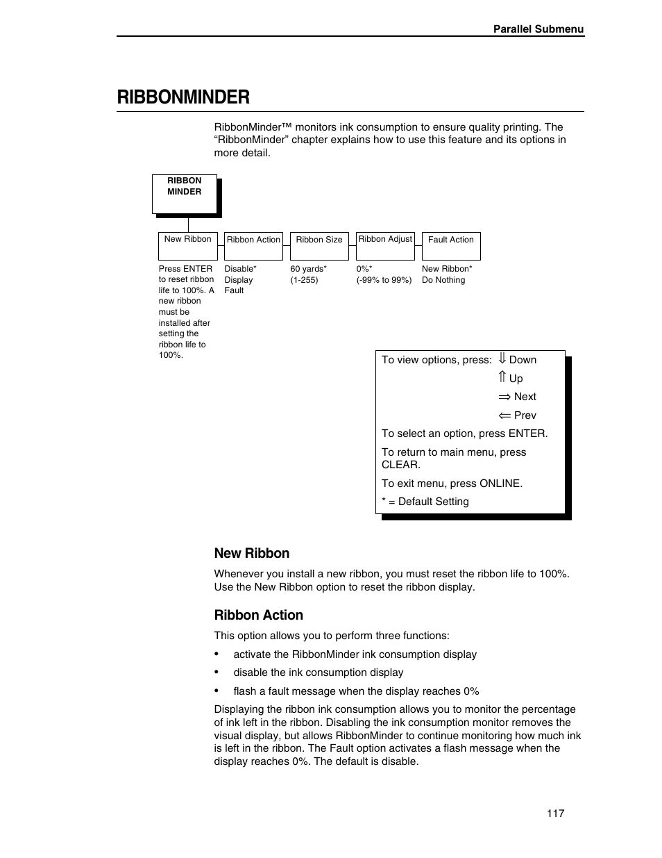 Ribbonminder, New ribbon, Ribbon action | Compaq P5000 Series User Manual | Page 117 / 186