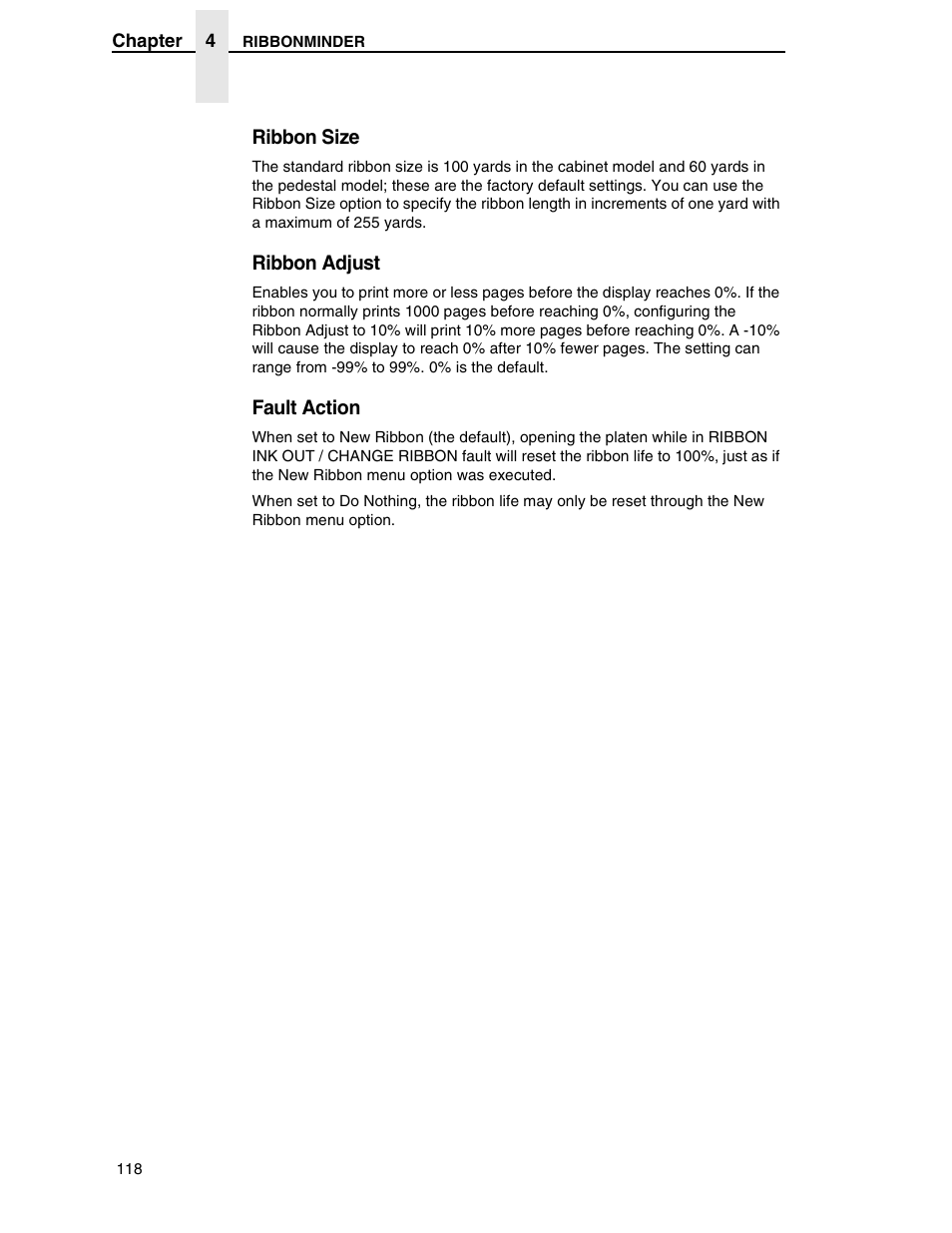 Ribbon size, Ribbon adjust, Fault action | Compaq P5000 Series User Manual | Page 118 / 186