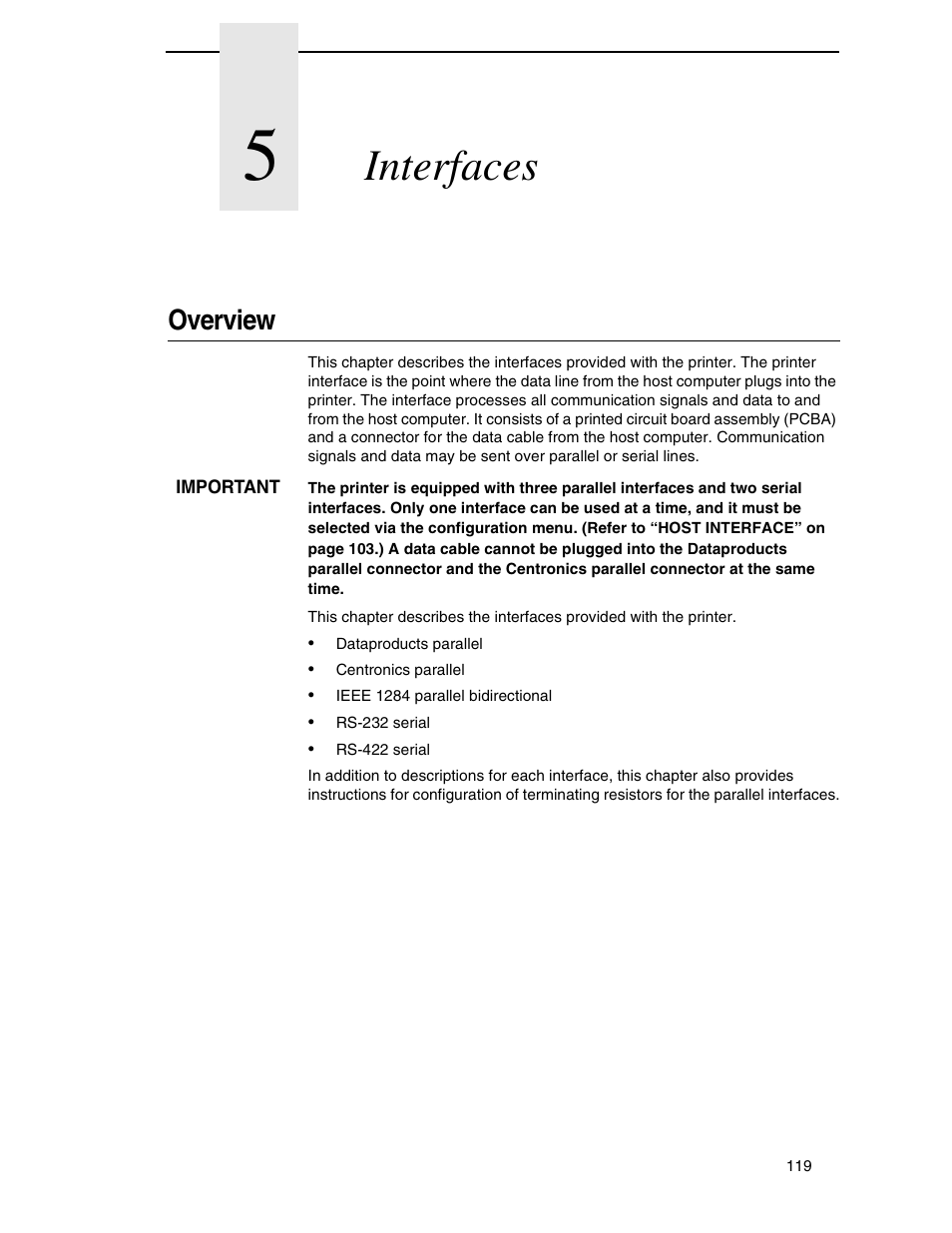 5 interfaces, Overview, Interfaces | Compaq P5000 Series User Manual | Page 119 / 186