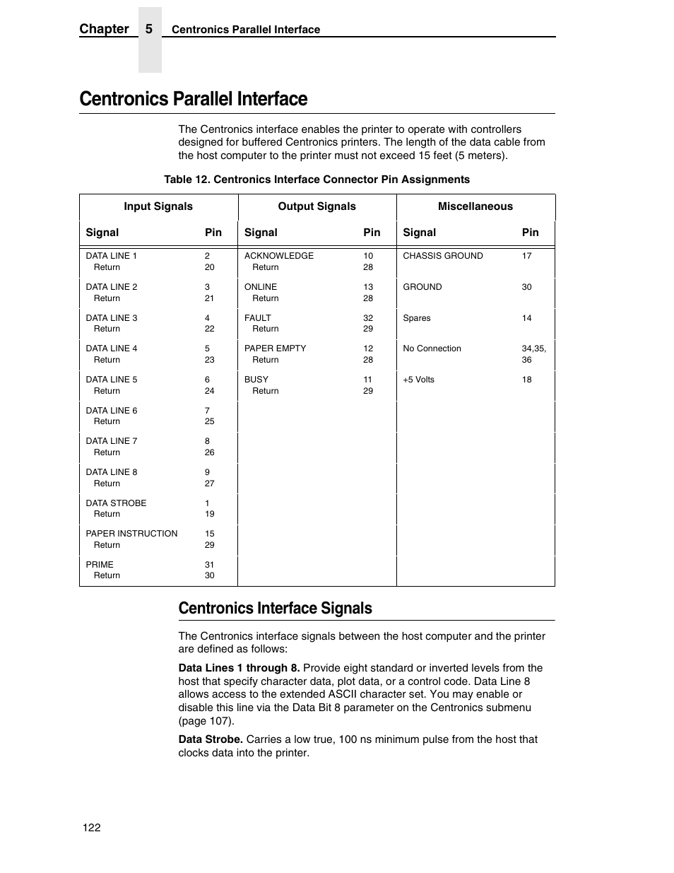 Centronics parallel interface, Centronics interface signals, Chapter 5 | Compaq P5000 Series User Manual | Page 122 / 186