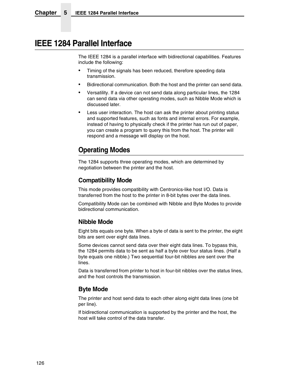 Ieee 1284 parallel interface, Operating modes, Compatibility mode | Nibble mode, Byte mode | Compaq P5000 Series User Manual | Page 126 / 186